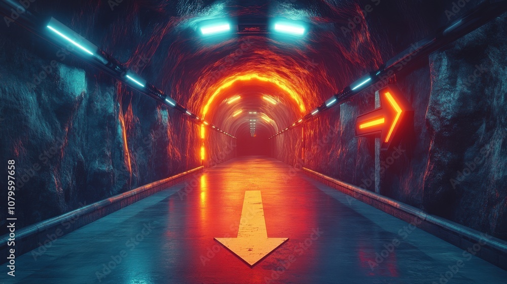 Poster sci fi concept tunnel with arrow sign 3d rendering