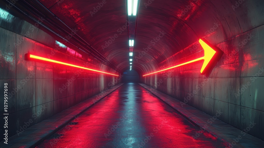 Poster sci fi concept tunnel with arrow sign 3d rendering