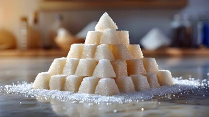 A pile of sugar cubes on a table