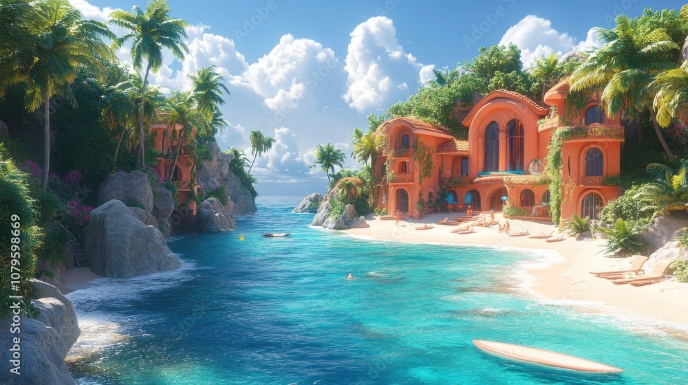 Poster surfboard and resort with cartoon style 3d rendering