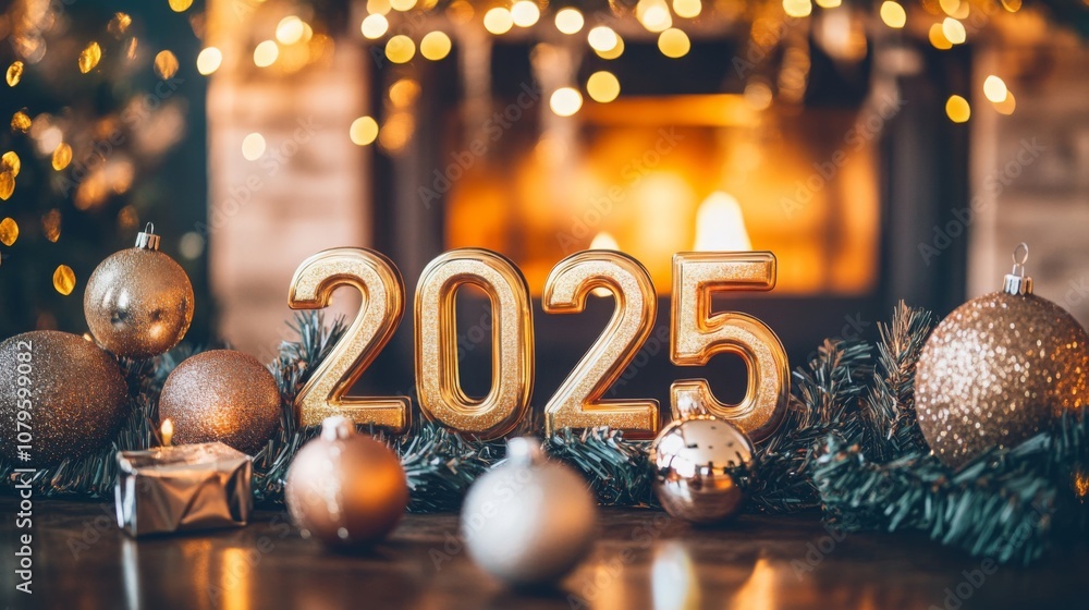 Poster a festive space features golden 2025 numbers adorned with ornaments and greenery, complemented by a 
