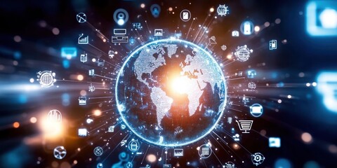 Obraz premium A digital representation of the Earth surrounded by technology icons symbolizing connectivity.