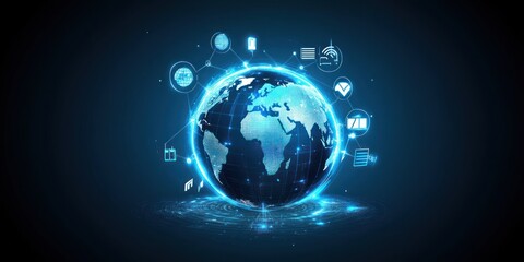 Fototapeta premium Digital globe surrounded by technology icons, representing global connectivity and innovation.