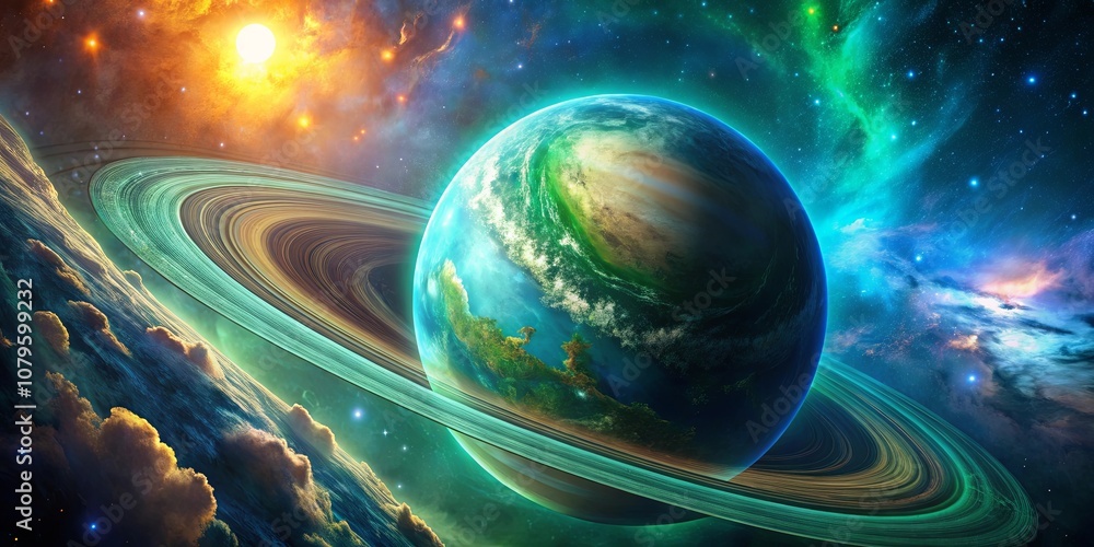 Wall mural a ringed planet with vibrant green and blue hues amidst a star-studded nebula, illuminated by a dist