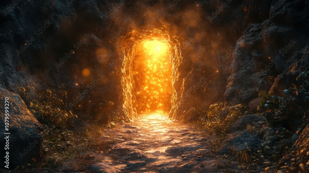 Poster the dark rock tunnel with light illuminated in the end 3d rendering