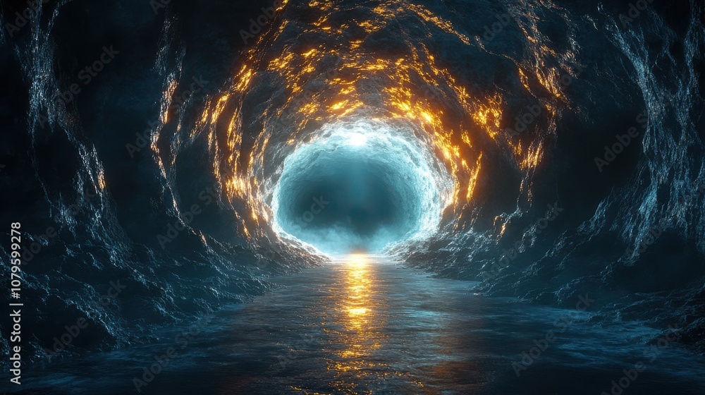 Poster the dark rock tunnel with light illuminated in the end 3d rendering