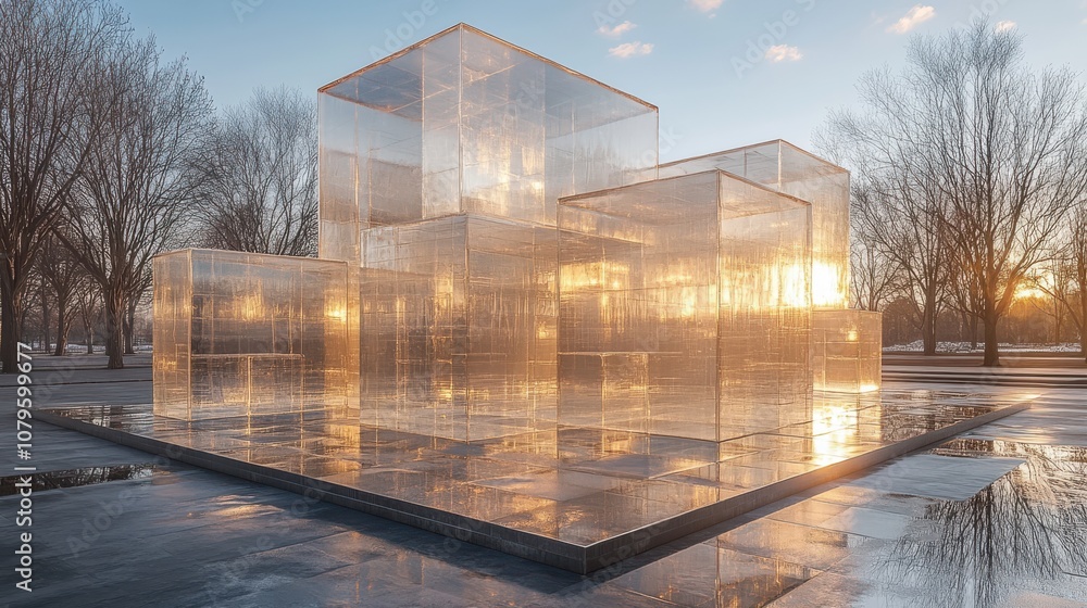 Poster translucent cubes with outdoor background 3d rendering