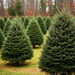 A Christmas tree farm with rows of evergreen trees