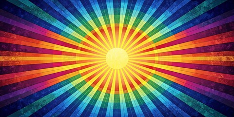 A vibrant burst of color radiating from a central, radiant sun, with a textured, weathered effect.