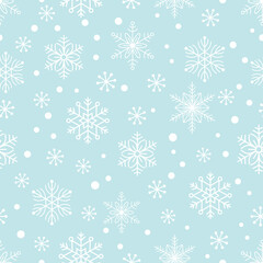 Materiał do szycia White Snowflake seamless pattern on blue background with scattered dots, perfect for festive winter designs.
