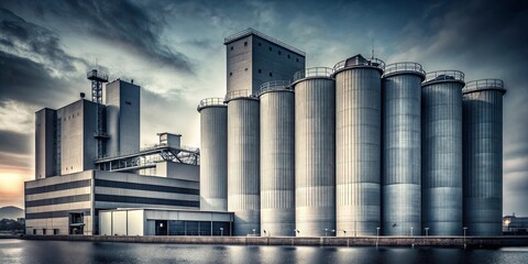 An industrial complex with tall cylindrical silos standing against a backdrop of a cloudy sky, reflecting in the still water of the canal.