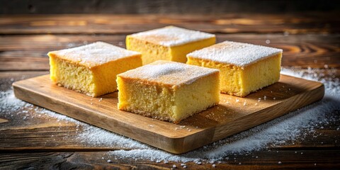 Four squares of freshly baked cake dusted with powdered sugar rest on a wooden cutting board, surrounded by a light dusting of sugar, capturing the essence of homemade comfort.