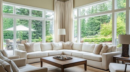 Living Room with Large Windows and View of Greenery
