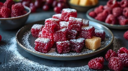 A plate of red raspberries with powdered sugar on top