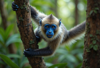 Naklejka premium Curious Blue-Eyed Monkey Climbing Tree Branch in Natural Habitat Setting