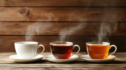White Tea Black Tea Green Tea. Three steaming cups of tea in white and brown tones, arranged on saucers against a rustic wooden background.