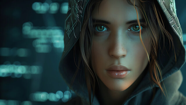 Futuristic Woman in Cyber Environment with Green Holograms