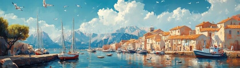 Fototapeta premium A charming fishing village, with boats docked and seagulls flying