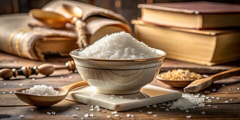 Fototapeta premium White crystals of sea salt in a wooden bowl on a rustic table with antique books and wooden spoons.