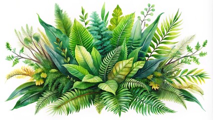 Fototapeta premium A lush watercolor depiction of verdant foliage, showcasing a vibrant tapestry of leaves, branches, and ferns, creating a botanical symphony of nature's artistry.