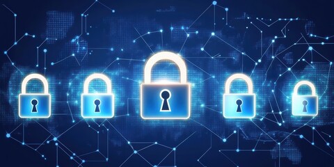 Futuristic Digital Security Concept Featuring Glow Effect Lock Icons Against a Networked Background Representing Cybersecurity and Data Protection