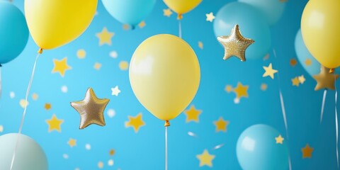 Fototapeta premium Colorful Balloons and Stars Against a Bright Blue Background for Celebrations, Parties, and Festive Occasions with a Cheerful Atmosphere and Fun Vibe