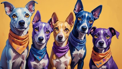 Colorful Portrait of Five Dogs in Bandanas Against Vibrant Background