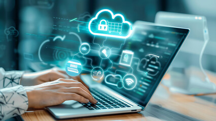 Digital interface with cloud computing icons on laptop screen