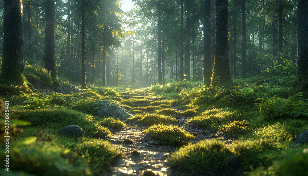 Poster sunlight filters through fog in tranquil forest meadow generated by ai