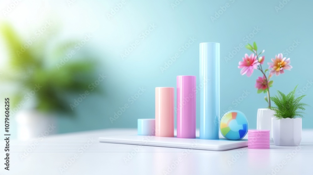 Poster 3d bar chart with colorful elements and bright background