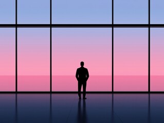 Silhouetted figure standing in front of a large glass window with a soft, pastel gradient background, suggesting a moment of quiet reflection.