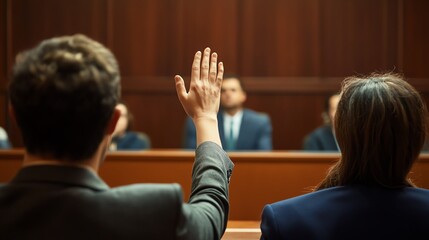 Fototapeta premium Witness Testifies in Courtroom Trial Legal Proceedings Judiciary Environment Close-Up View Justice Concept