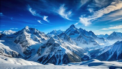 Winter mountain landscape with snow-covered peaks and deep blue sky, winter, mountain, landscape, snow, covered, peaks