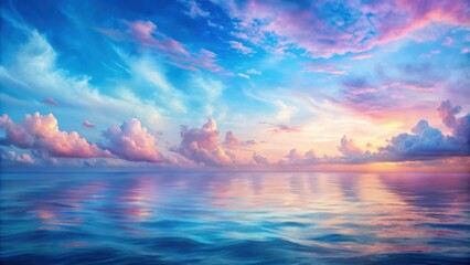Fototapeta premium Soft pastel painting of a vast blue ocean under pink clouds, with gentle transitions in hues , ocean, blue, pink, clouds