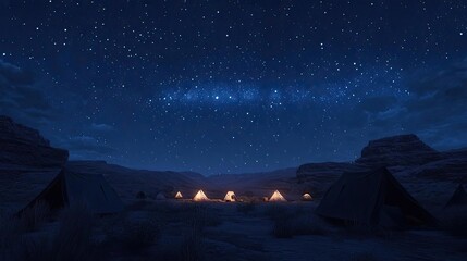 A desert campsite under a starry sky, with silhouettes of tents