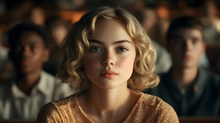 Fototapeta premium Under the warm glow of evening light, a young woman with curly hair attentively listens in a packed auditorium. Surrounding her are fellow students, engaged and focused.