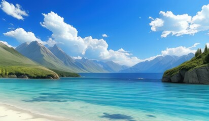 a large body of water with a mountain in the background