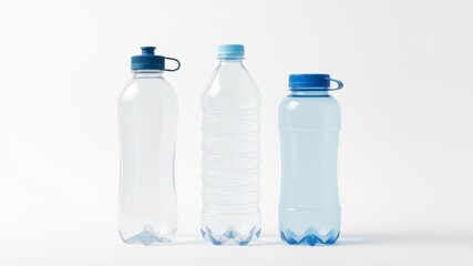 Naklejka premium Three plastic water bottles of different sizes arranged elegantly on a white background, healthy lifestyle, water bottles