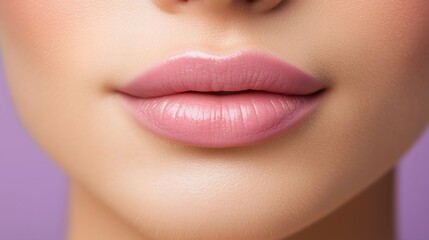 Fototapeta premium The focus is on an individuals lips adorned with perfectly applied permanent makeup, highlighting a natural pink tint.