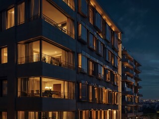 Modern apartment building with illuminated windows at dusk