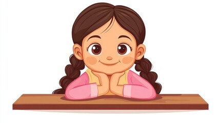A cheerful girl with pigtails resting her chin on her hands, smiling at the viewer.