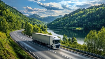 Naklejka premium Truck Driving on Scenic Mountain Road
