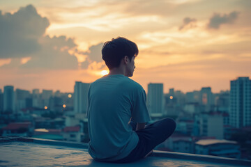 Asian man watching sunset over city skyline, concept of mindful solitude