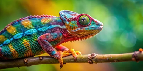 Gordijnen Abstract background featuring an Agamidae chameleon changing colors on a tree , wildlife, animal, chameleon, agamidae, reptile © Jotch