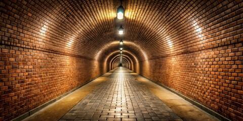 Long, narrow brick tunnel with stone floor and overhead lighting, tunnel, brick, narrow, long,...