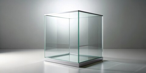 Fototapeta premium Glass cube display case with nothing inside, empty,showcase, container, minimal, design, clean, modern, isolated, reflection