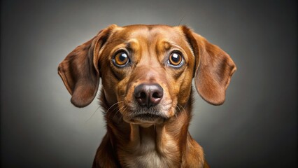 Shocked brown dog with wide eyes against grey background, dog, pet, animal, shocked, surprised, expression, emotion, cute
