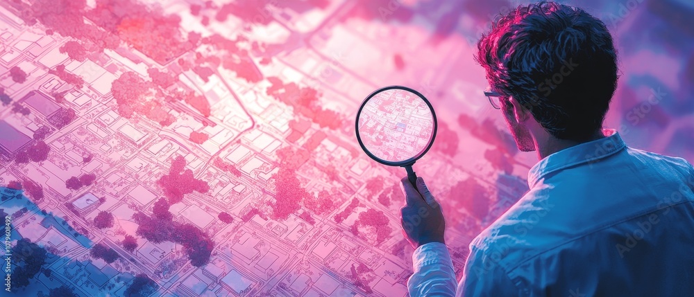 Poster a person inspects digital data with a magnifying glass, emphasizing analysis and discovery in a vibr