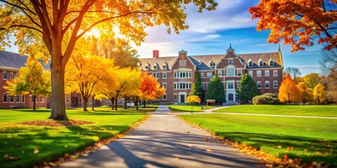 Obraz premium Beautiful college campus on a sunny autumn day with defocused background, college, campus, university, fall, autumn
