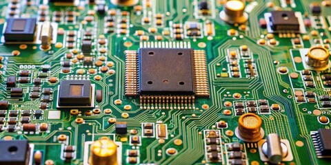 Printed Circuit Board with various electronic components soldered onto the surface, technology